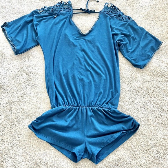 L Space Small Blue Romper Lace Shoulder V Neck Short Sleeve Mini Jumpsuit Shorts - Picture 1 of 14